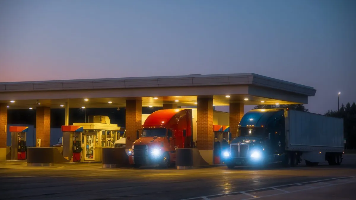 Trucks fueling at a lit truck stop at dusk